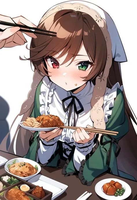 1girl, suiseiseki, long hair, heterochromia, food, brown hair, dress, red eyes, chopsticks, green eyes, blush, very long hair, feeding, solo focus, frills, masterpiece, best quality, late,  <lora:char - suiseiseki - v1 - bionagato:1>