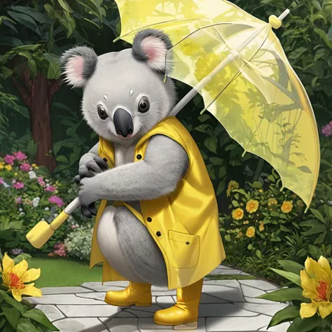 no human, (koala1.2), yellow raincoat, yellow boots, transparent umbrella, garden, solo, masterpiece, <lora:animal - koala:0.5> koala