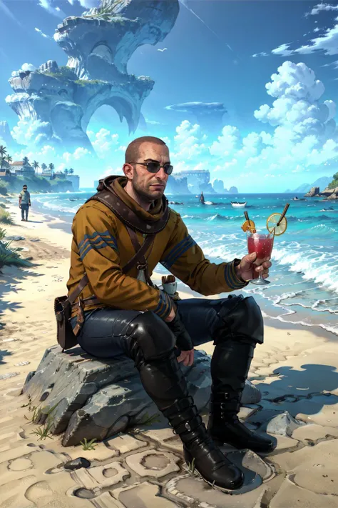 (masterpiece, best quality:1.2),  <lora:gaunter:0.7>, gaunterW3_soul3142, sitting, from side, sunglasses, facial hair, beard, holding cocktail, beach, seascape, waves, sky , clouds