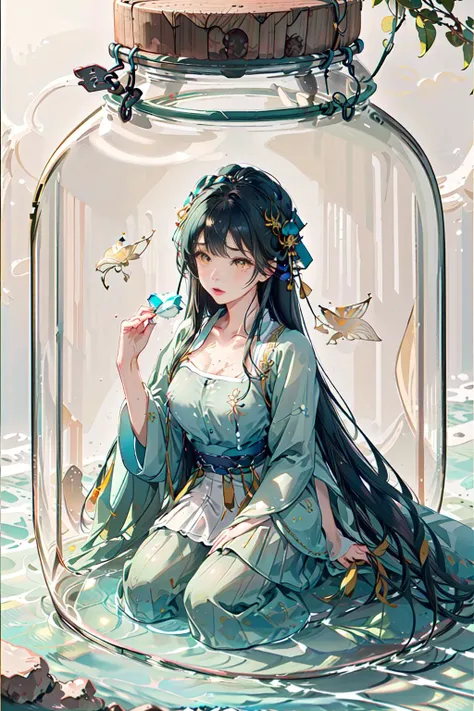 best quality, intricate details, highres,(beautiful detailed water:1.4), covered nipples,hanfu, song style outfits, (1girl in glass jar:1.1),(underwater), green short shan, translucent white pleated skirt, red songmo,<lora:hanfuSong_v31:0.5>,yellow eyes,<l...