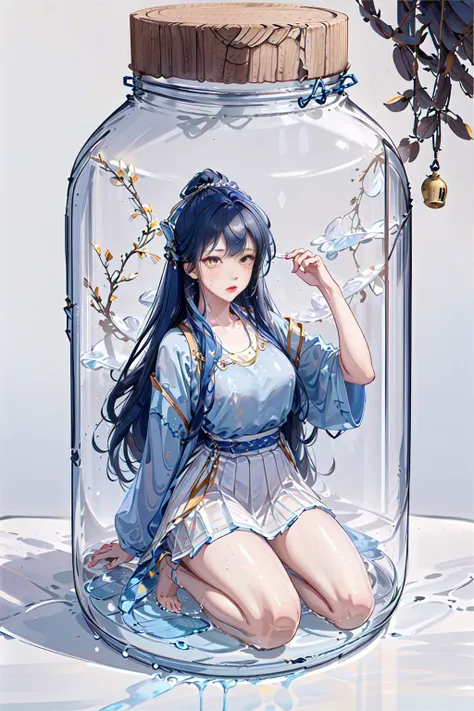 best quality, intricate details, highres,(beautiful detailed water:1.4), covered nipples,(hanfu, song style outfits, (1girl in glass jar, half a bottle of blue liquid:1.2), yellow with white short shan, translucent white pleated skirt, red songmo),<lora:ha...