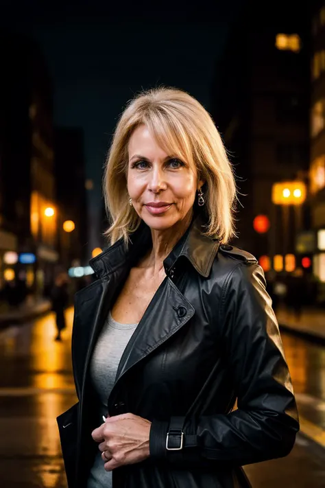 arafed woman in a black leather jacket standing on a city street