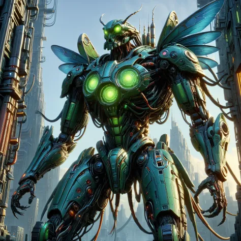 a close up of a robot with green eyes standing in front of a city