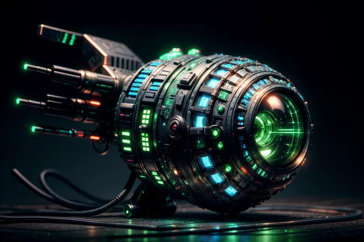 a close up of a futuristic spaceship with a green light