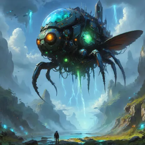 a man standing in front of a giant alien creature in a mountain