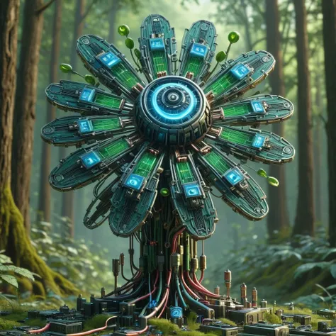 scifi, circuitrytech, mechanical flower, in the forest, blurry_background, , hyper detailed