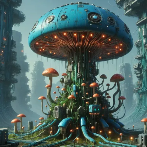 scifi, circuitrytech, mechanical mushroom planted  , hyper detailed