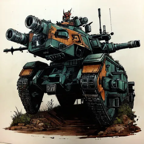 lmnrsstnk, ground vehicle, tank, vehicle focus, pulp_comic, heavy_lines, hand_drawn, hand_inked, hand_colored, mutated, demonic, infested, warped, twisted, extra_arms, extra_eyes, mecha, machine, flesh, goo,