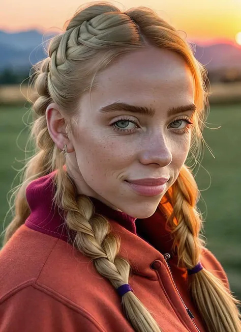 portrait of skswoman, smile , wearing cashmere , with strawberry blonde Side braid , background sunset, epic (photo, studio lighting, hard light, sony a7, 50 mm, matte skin, pores, colors, hyperdetailed, hyperrealistic), <lyco:Billie Eilish:1.1>