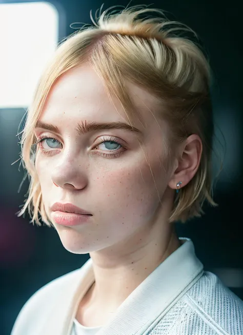 portrait of skswoman, frown , wearing pants , with strawberry blonde A-line haircut , background summer, epic (photo, studio lighting, hard light, sony a7, 50 mm, matte skin, pores, colors, hyperdetailed, hyperrealistic), <lyco:Billie Eilish:1.1>