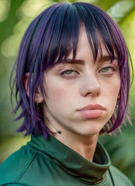 portrait of skswoman, scared , wearing top , with purple Side-swept bangs , background jungle epic (photo, studio lighting, hard light, sony a7, 50 mm, matte skin, pores, colors, hyperdetailed, hyperrealistic), <lyco:Billie Eilish:1.3>