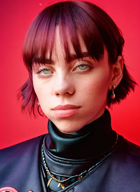 portrait of skswoman, optimistic , wearing couture , with dark red Bob , background moon epic (photo, studio lighting, hard light, sony a7, 50 mm, matte skin, pores, colors, hyperdetailed, hyperrealistic), <lyco:Billie Eilish:1.3>