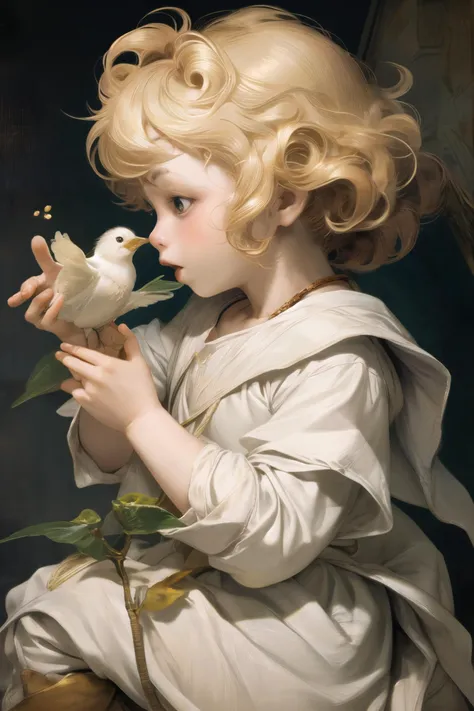 (masterpiece),(best quality),(extremely intricate),(sharp focus),(cinematic lighting),(extremely detailed),A painting of a baby holding a bird.,pg-13,