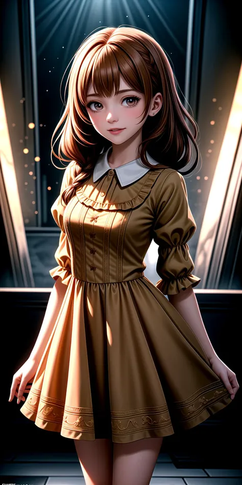 anime girl in a brown dress standing in front of a window