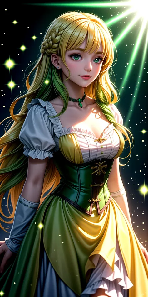 a woman in a dress with long blonde hair and green eyes