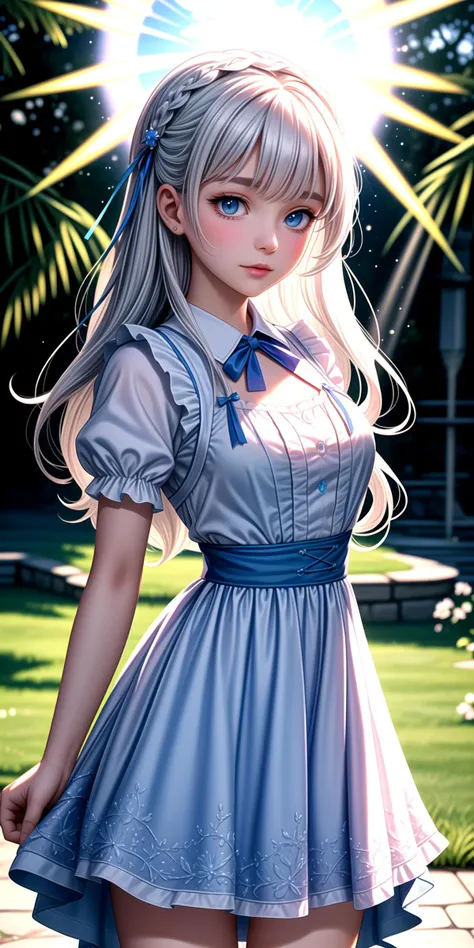 anime girl in a blue dress posing in a park