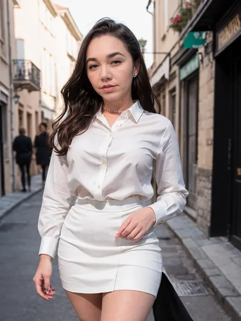 RAW photo of the gorgeous kargrey walking through a french village street, long black  hair,  (wearing white blouse and a black skirt:1.2),   soft lighting, film grain, Fujifilm XT3