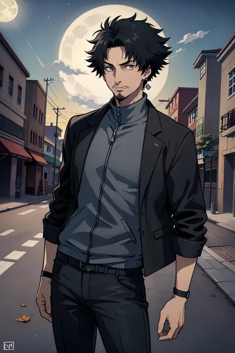 masterpiece, best quality, 1boy, male focus, solo, looking at viewer, <lora:EPscMugen-000011:0.7>, EPscMugen, black hair, short hair, earrings, goatee stubble, stubble, black jacket, leather jacket, open jacket, blue sweater, turtleneck, black pants, leath...