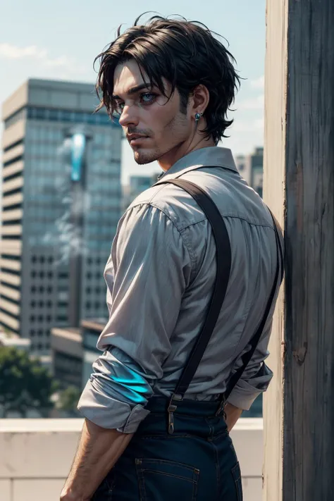 arafed man with suspenders and a shirt standing on a roof