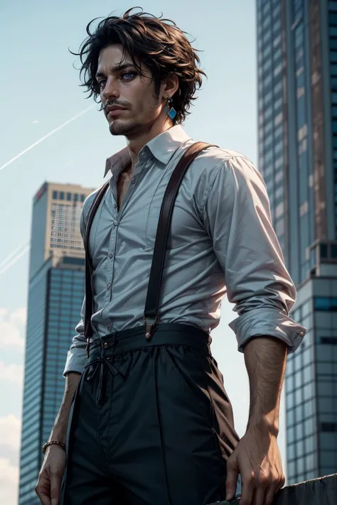 arafed man with a beard and suspenders standing in front of a city skyline