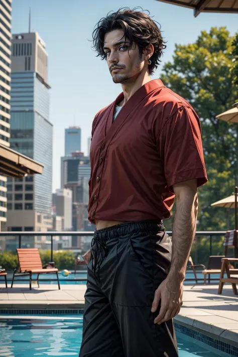 arafed man standing in front of a pool in a red shirt