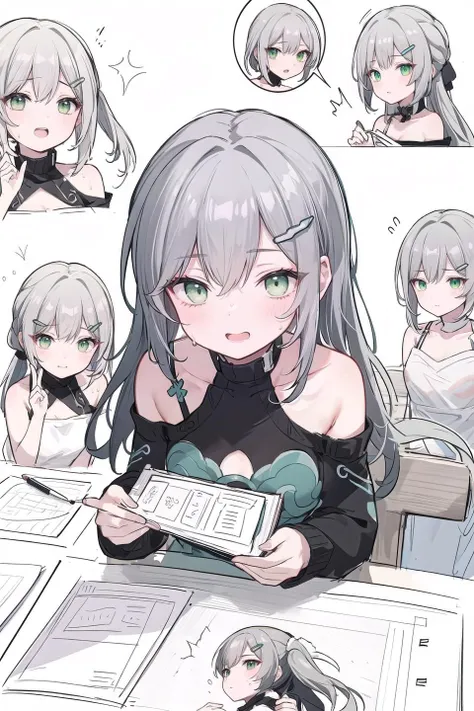 anime girl with gray hair sitting at a table with a book