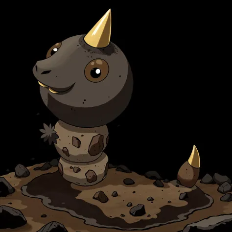 no humans, pokemon (creature), solo, black background, black eyes, simple background, full body, single horn, horns, animal focus, dirt, clay, mud, brown, rocks,  <lora:pokemon_v3_offset:0.8>