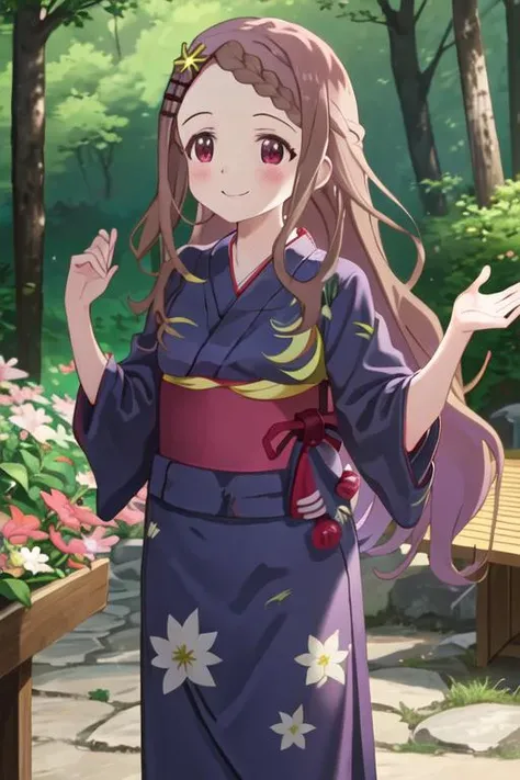 best quality, masterpiece, highres, solo, {yukata:1.40}, {kimono:1.20}, {aoba_kokona_encouragementofclimb:1.15}, brown_hair, blush, long_hair, hair_ornament, hairclip, braid, braided_bangs, smile, flower, hair_flower, outdoors, red_eyes