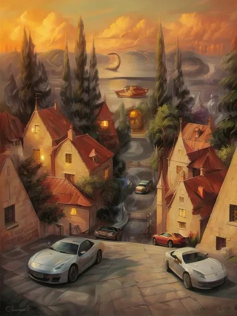 painting of a street with cars parked on it and a spaceship flying over