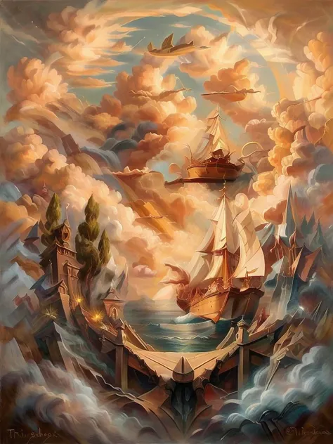 painting of a ship floating in the sky with a ship in the background