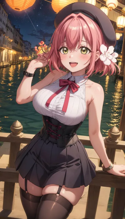 anime girl in a short skirt and top hat posing on a bridge