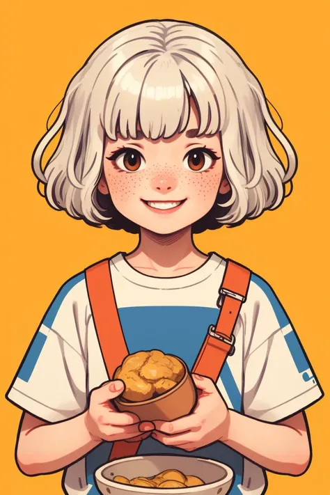 (white hair:1.2), bob-cut, bowl-cut, smile, 
upper body, freckles, blush, short, hair, simple background, 
<lora:KawaiiVibes_V3:2.0>