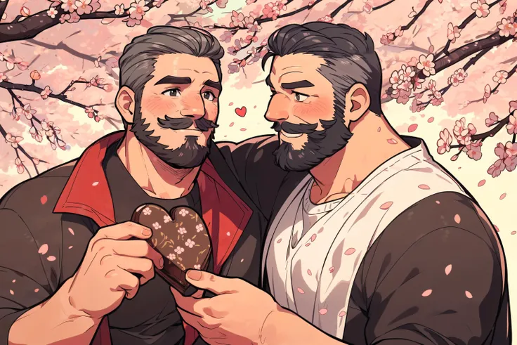 Two daddys exchange heart-shaped chocolates under a cherry blossom tree,
(8K, best quality, highres, absurdres, incredibly absurdres:1.2), (side view), (whole body:1.2), (looking anothers eyes:1.2),
frown, blush, slightly smiling,
2daddy, (50 years old), g...