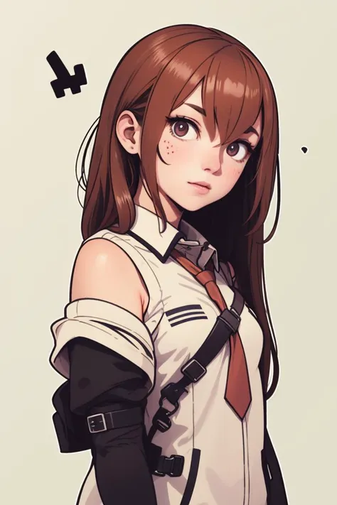 anime girl with long brown hair and a white shirt and black gloves