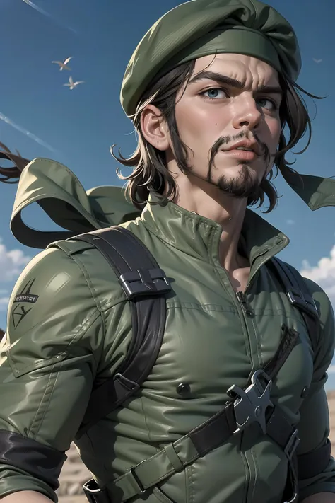 [che guevara | solid snake], <lora:solidsnake-nvwls-v3:0.6>, highly detailed <lora:Che Guevara_c3gu3:0.7>  portrait, looking at viewer, facial hair, green bodysuit, gloves, blue beret, upper body, flat colors, high octane action scene, 4k, day, anime style...