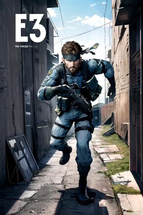 illustration,(Magazine cover-style illustration of a man sneaking into a military base in camouflage), holding gun, gun, camouflage, military, military uniform, military jacket, military vehicle, <lora:solidsnake-nvwls-v1-final:1>, solid snake, facial hair...