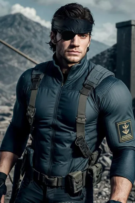 (masterpiece)), best quality, military uniform, facial hair, eye patch, wide bandana, strap, belt, ultra detailed, intricate details, long sleeves, rich colors, sharp focus, volumetric lighting, dramatic atmosphere, 1boy, ((solo)), solid snake, looking at ...