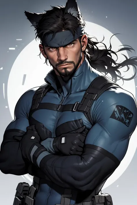 masterpiece, best quality, solid snake, facial hair, blue bodysuit, black hairband, brown eyes, gloves, headband, upper body, looking at viewer, serious expression on face, long hair, black hair, wavy hair, wolf ears, military facilty background,  <lora:so...