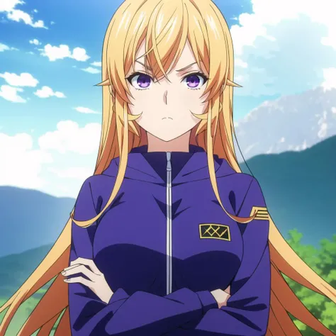 <lyco:erina:0.8> erina, 1girl, solo, long hair, looking at viewer, blonde hair, purple eyes, jacket, upper body, outdoors, hood, frown, parody, crossed arms, yellow jacket