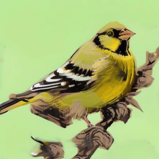 an aged, very detailed illustration of a yellow finch in a leaf, bold line drawing, ink covered with gouache, brushstrokes, ((in the style of llbrbs_02))  <lora:add_detail:1>