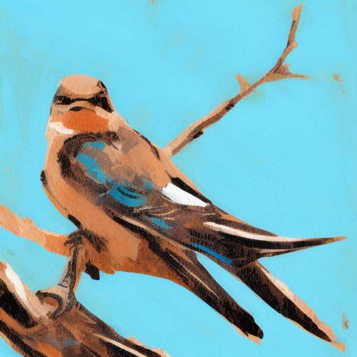 an aged, weathered illustration of a swallow in a tree branch, gouache, ink, brushstrokes, in the style of llbrbs_02 <lora:add_detail:1>