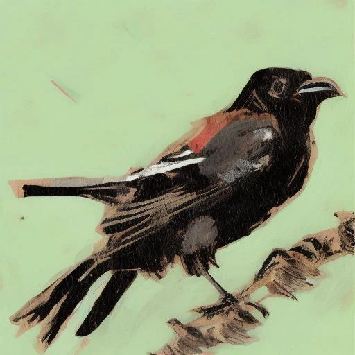 an aged, deteriorated, very detailed illustration of a black bird in a tree branch, ink line drawing covered with gouache, brushstrokes, in the style of llbrbs_02 <lora:add_detail:1>