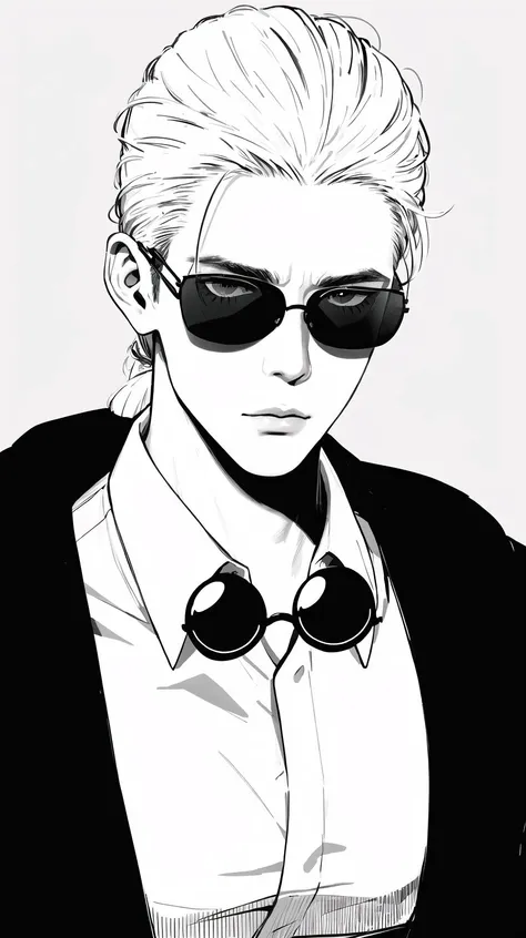 realistic, black-framed_eyewear, white_hair, ponytai, yakuza, glasses, grey_background, male_focus, monochrome, opaque_glasses, ...