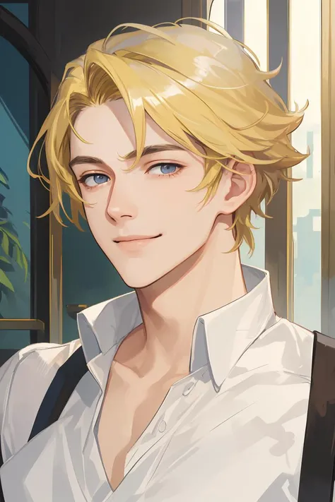 masterpiece, best quality, realistic, 1man, mature male, tall muscular, handsome, smile, closed mouth, portrait, extremely detailed face, (short hair), (blonde hair)