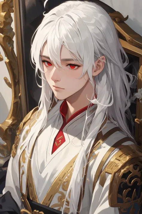 nsfw, masterpiece, best quality, ultra-detailed, semi-realistic, detailed facial features, 1boy, white hair, long hair, red eyes...