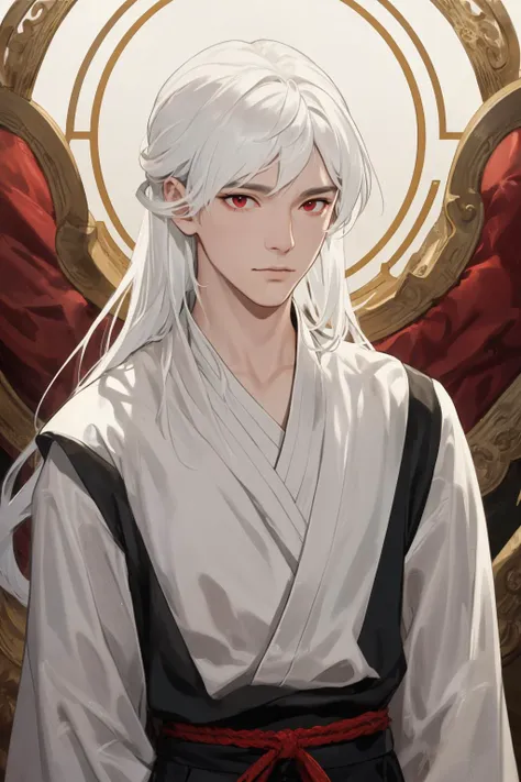 nsfw, masterpiece, best quality, ultra-detailed, semi-realistic, detailed facial features, 1boy, white hair, long hair, red eyes...