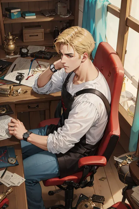 anime guy sitting at a desk with a computer and a clock