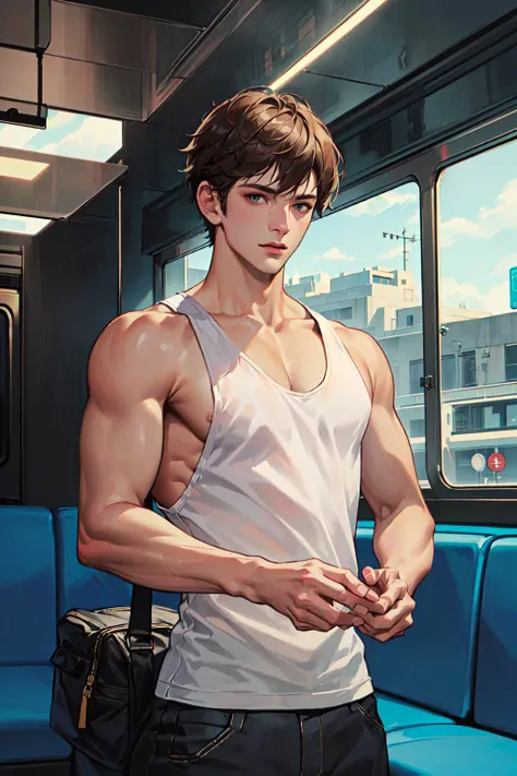absurdres, illustration, male, solo, adult, mature, handsome_male, sturdy, tank top, medium hair, star hands, fantastic, train, <lora:add_detail:1.5>, <lora:handsome_male-02:0.8>