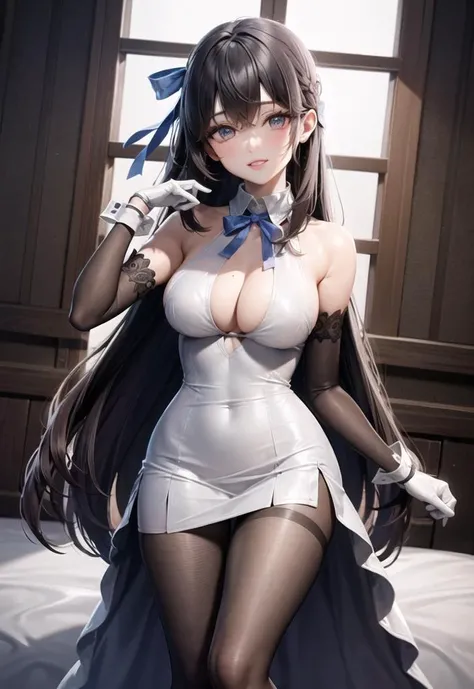 masterpiece, best quality, ultra-detailed, illustration, warm lighting, bright colors, 1girl,solo,blue_eyes, brown_hair, long_hair, bangs, bangs, bare_shoulders, black_ribbon, blush, collared_dress, dress, gloves, hair_ornament, hair_ribbon, hand_up, narro...