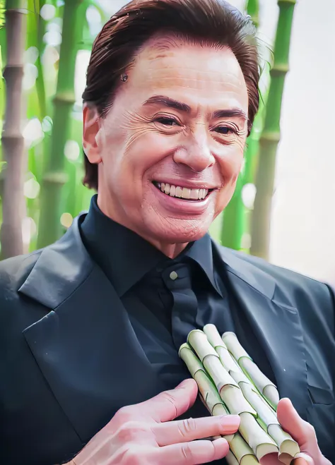 arafed man in a suit holding a bunch of bamboo stalks